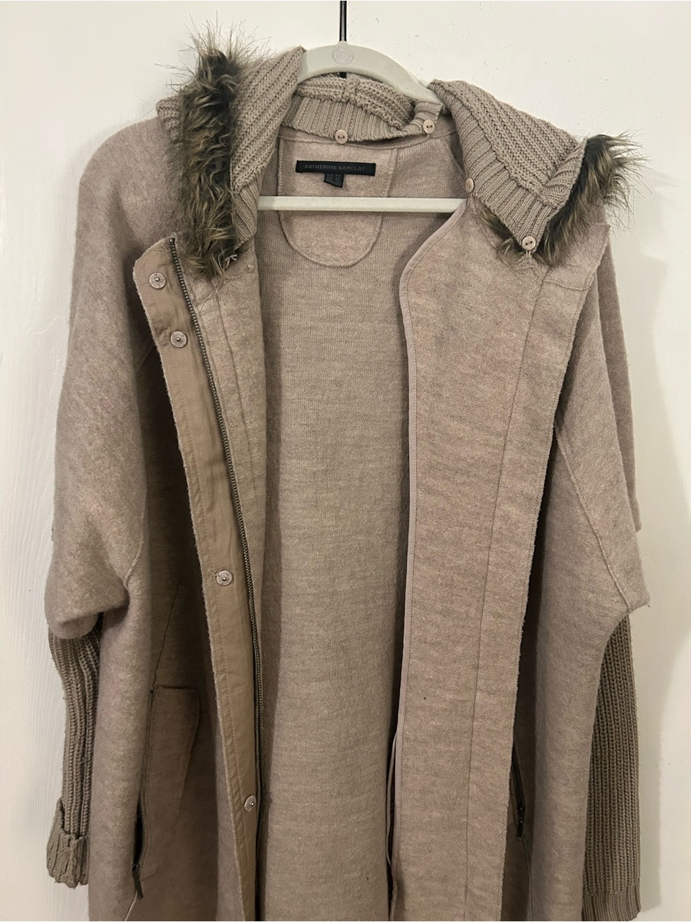 Beige Hooded Knit Coat with Faux Fur Trim - Picture 1 of 5